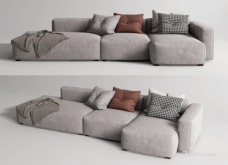 Light Gray Sectional Sofa With Brown Gray and Checkered Cushions And Soft Throw Blanket 3d model