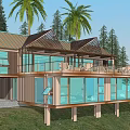 Modern Lakeside Villa With Large Glass Windows Palm Trees And Red Cars