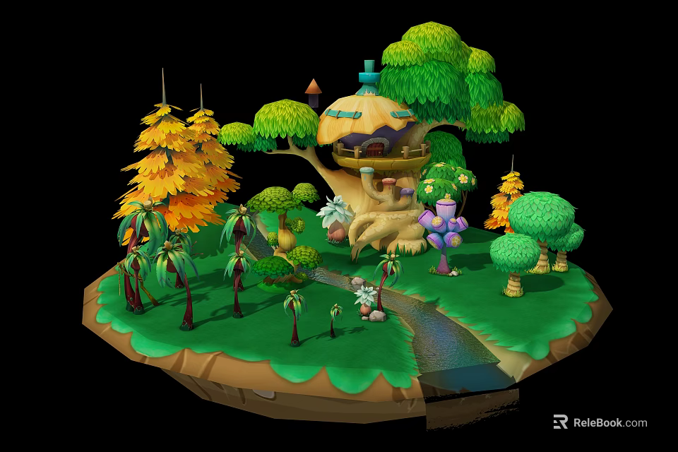 Cartoon Island Scene With Colorful Trees Mushroom Tree House Stream And Rainbow 3d model 