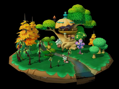 Cartoon Island Scene With Colorful Trees Mushroom Tree House Stream And Rainbow 3d model