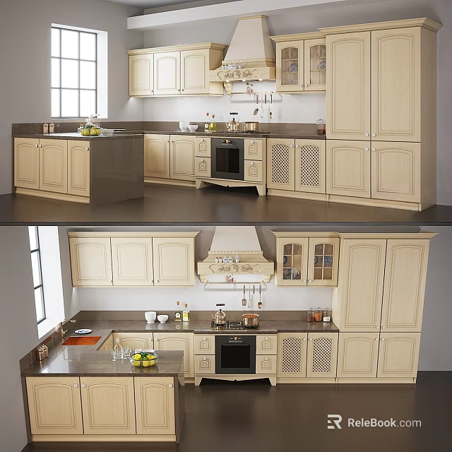 Light Colored Kitchen Cabinets In Modern Interior With Island Counter Glass Door And Appliances 3d model 