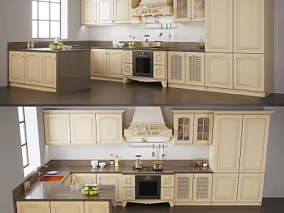 Light Colored Kitchen Cabinets In Modern Interior With Island Counter Glass Door And Appliances 3d model