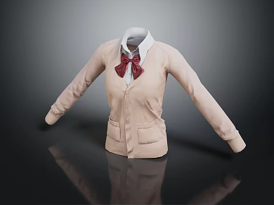 Beige Cardigan Outfit With White Shirt And Red Bow Tie For Casual Fashion Look 3d model