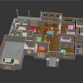Cartoon Scene of House Floor Plan with Multiple Rooms Living Room Bedroom Garage and Car