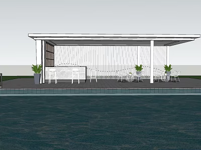 Modern Landscape Pavilion Featuring White Lattice Design Outdoor Tables Chairs And Green Plants By Water 3d model