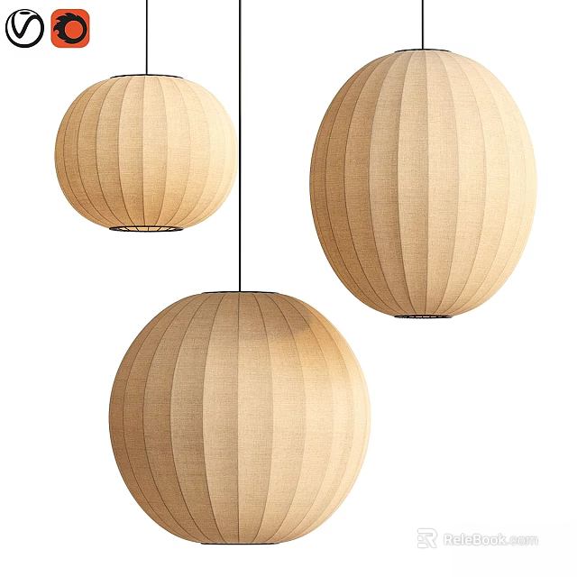 Three Stylish Beige Spherical Pendant Lights With Modern Striped Fabric Design 3d model 