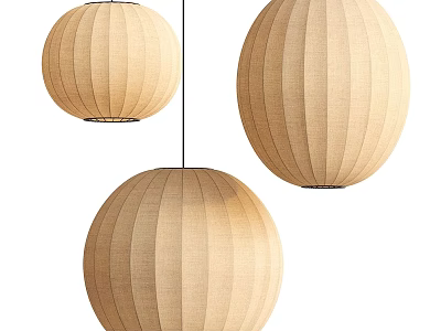 Three Stylish Beige Spherical Pendant Lights With Modern Striped Fabric Design 3d model