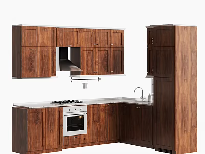 Contemporary Wooden Kitchen Cabinets Design With Oven Stove Sink And White Countertop 3d model