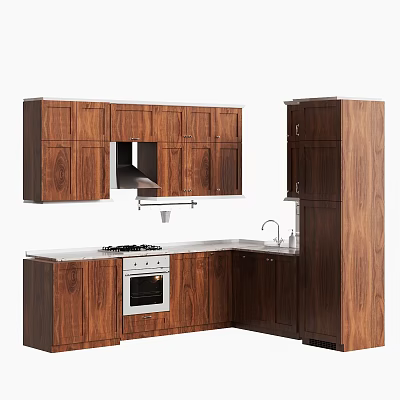 Contemporary Wooden Kitchen Cabinets Design With Oven Stove Sink And White Countertop 3d model