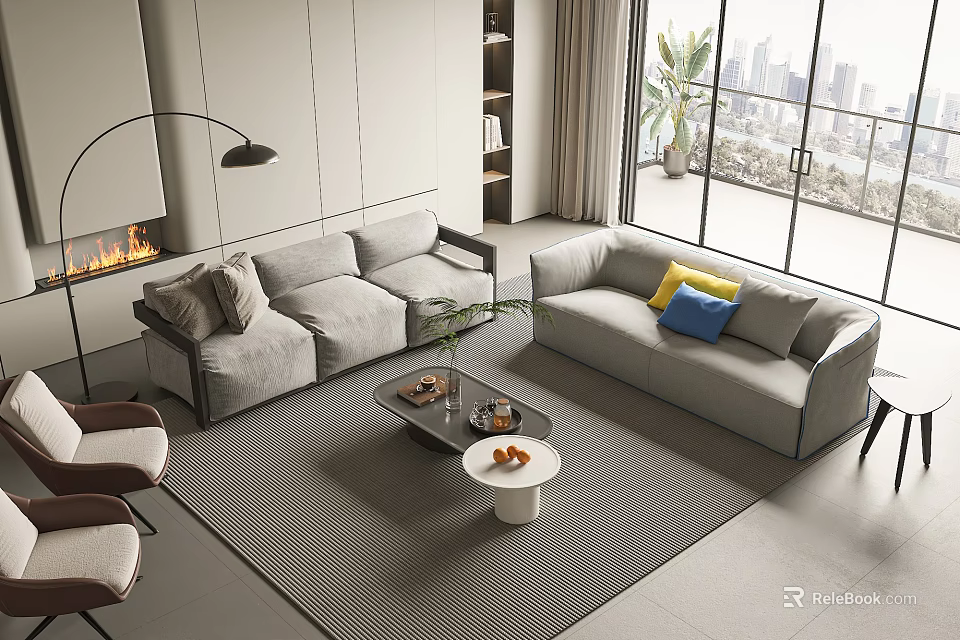 Modern Light Gray Sofa And Coffee Table With Pillows Floor to Ceiling Windows City View 3d model