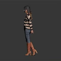 Woman In Striped Sweater Blue Jeans And Orange Boots Against Gray Background