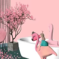 Pink Themed Bathroom Interior With White Bathtub Pink Flamingos Petals And Hanging Decorations