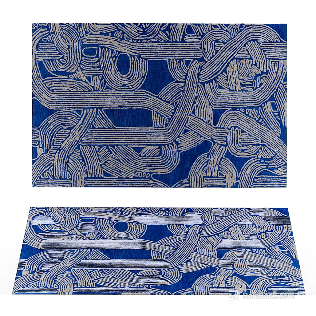 Blue Square Area Rugs With Abstract Light Gold Line Patterns 3d model