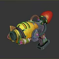 Futuristic Mechanical Weapon With Yellow Casing Red Glowing Tip Green Hose And Metal Stand