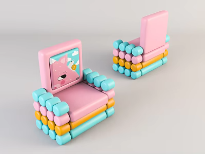 Cute Pink Kids Chair With Cartoon Character And Colorful Cylindrical Decorations 3d model