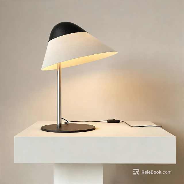 Illuminated Modern Table Lamp With Black And White Shade On White Table 3d model 