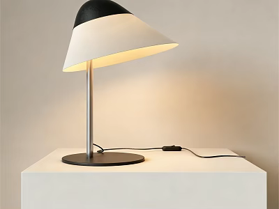 Illuminated Modern Table Lamp With Black And White Shade On White Table 3d model