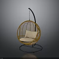 Stylish Orange Wicker Hanging Chair With Round Seat And Light Colored Cushion And Black Stand