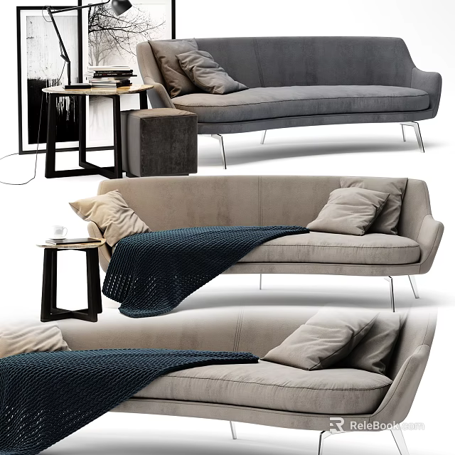 Modern Sofa Set Interior Design With Decorative Pillows Knitted Blanket And Side Table 3d model