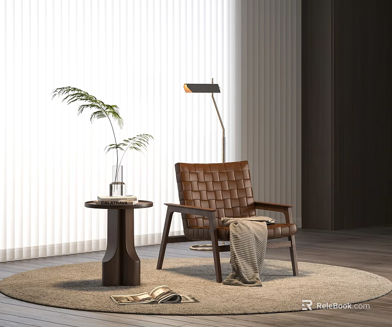 Brown Leather Woven Leisure Chair With Floor Lamp Side Table Throw Blanket And Rug 3d model 