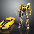 Yellow Bumblebee Robot And Shiny Sports Car Display Transformation Design With Metallic Features