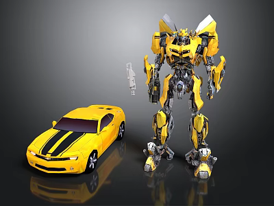 Yellow Bumblebee Robot And Shiny Sports Car Display Transformation Design With Metallic Features 3d model