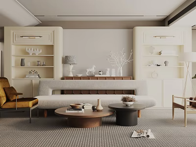 Modern Living Room Interior Design With Sofa Coffee Tables And Wooden Bookshelves 3d model