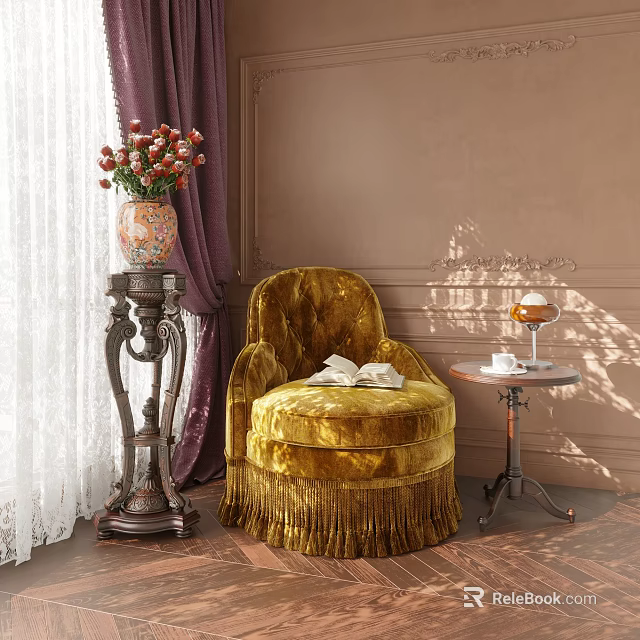 Elegant Golden Velvet Single Sofa with Fringe Side Table Open Book and Decorative Wall 3d model 