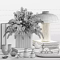 Decorative Ornament Set With Green Plants Striped Glass Vase Lamp Books Bird Figurine And Candles