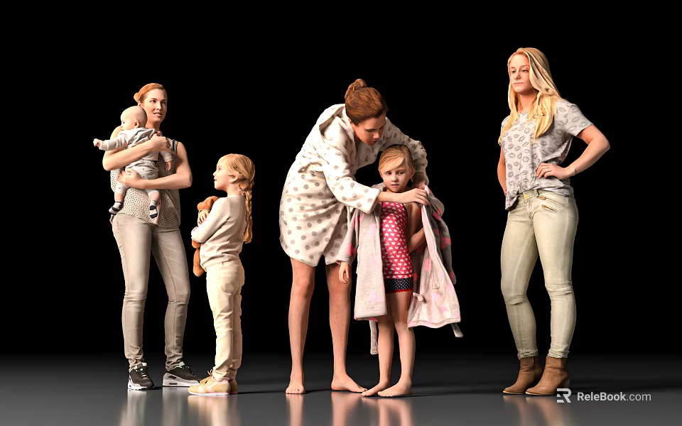 Group Of Women And Children Standing Together With Hugs Holding Babies In Casual Outfits 3d model 