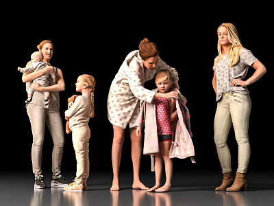 Group Of Women And Children Standing Together With Hugs Holding Babies In Casual Outfits 3d model