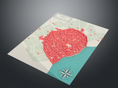 Scenic Map Landscape With Red Urban Area Green Zones Water And Directional Compass 3d model
