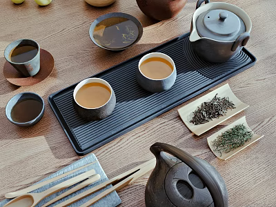 Elegant Tea Set With Teapot Teacups Tray And Fresh Tea Leaves 3d model