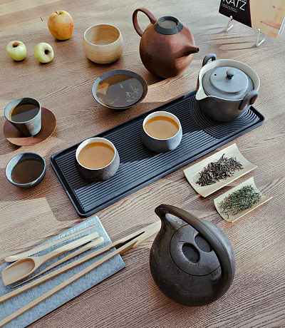 Elegant Tea Set With Teapot Teacups Tray And Fresh Tea Leaves 3d model Elegant Tea Set With Teapot Teacups Tray And Fresh Tea Leaves 3d model