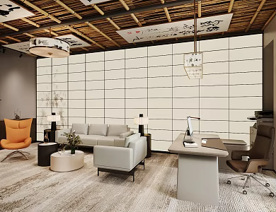 New Chinese Office Chairman Manager Office Company Reception Area Reception Area Office Sofa Coffee Table Combination Office Desk and Chair Combination Chinese Round Chandelier 3d model