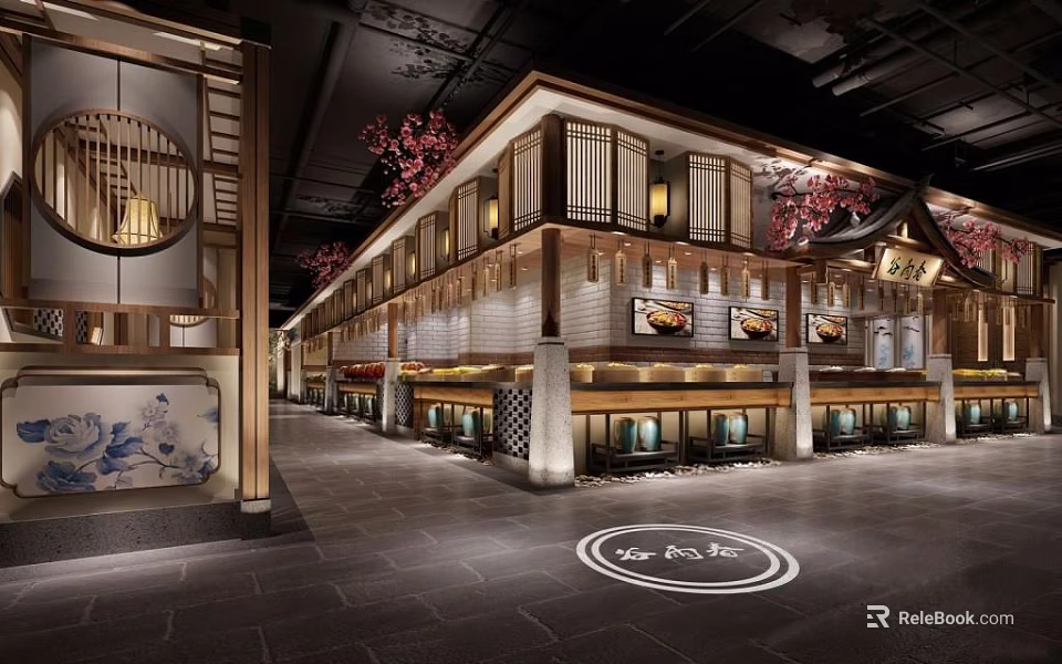 Traditional Japanese Restaurant Interior With Wooden Structure Cherry Blossom Decor And Lanterns 3d model 