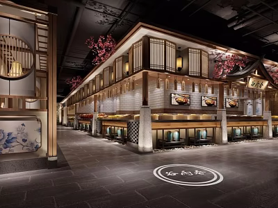 Traditional Japanese Restaurant Interior With Wooden Structure Cherry Blossom Decor And Lanterns 3d model