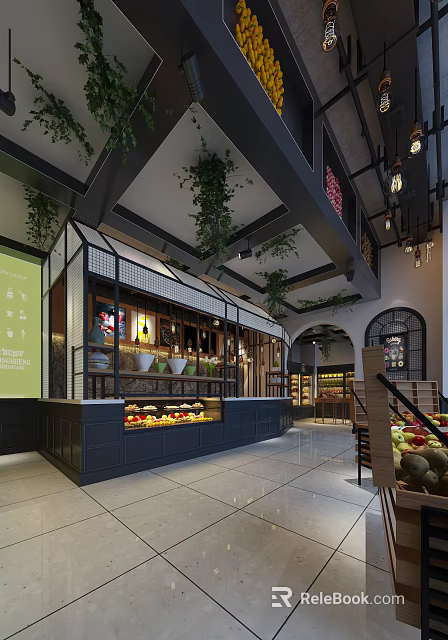 Stylish Fruit Store Interior With Display Counters Fresh Fruits And Green Plants 3d model 