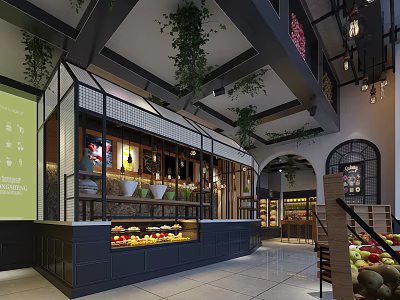 Stylish Fruit Store Interior With Display Counters Fresh Fruits And Green Plants 3d model