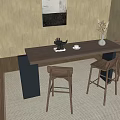 Modern Bar Counter With Wooden Top Black Columns Three Bar Stools And Decorative Dried Flowers