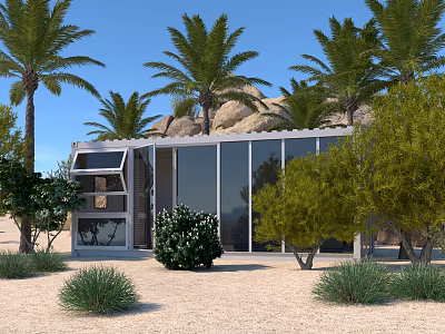 Modern Container Building With Glass Walls Palm Trees And Rocks In Outdoor Setting 3d model