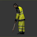 Man In Yellow Reflective Work Uniform Holding Shovel Standing Against Grey Background