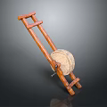 Traditional Wooden Manual Grinding Tool With Long Handles And Circular Stone Disc