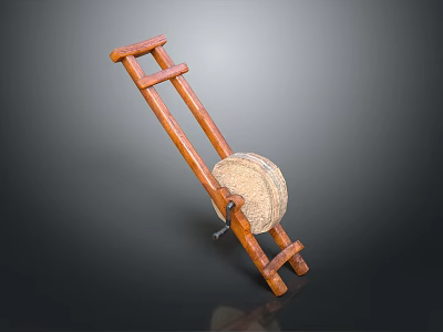 Traditional Wooden Manual Grinding Tool With Long Handles And Circular Stone Disc 3d model