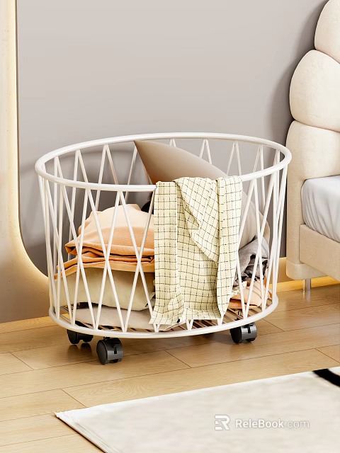 Bedroom with White Round Rolling Storage Basket Folded Blankets Clothes Beige Bed Light Colored Walls 3d model 