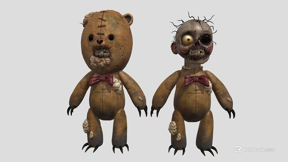 Scary Stitched Bear And Human Shaped Dolls With Torn Fabric Sharp Claws Red Bow Ties 3d model 