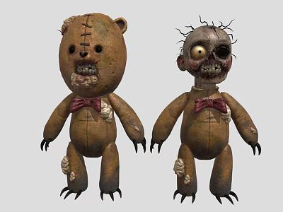 Scary Stitched Bear And Human Shaped Dolls With Torn Fabric Sharp Claws Red Bow Ties 3d model
