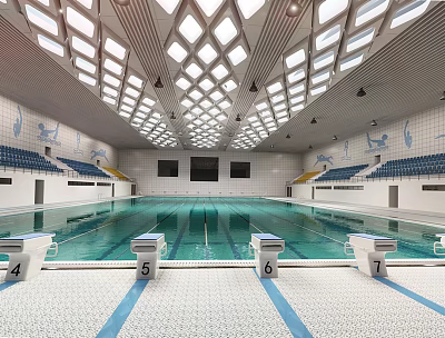 Spacious Indoor Swimming Pool Featuring Skylight Roof Blue Spectator Seats And Starting Blocks 3d model