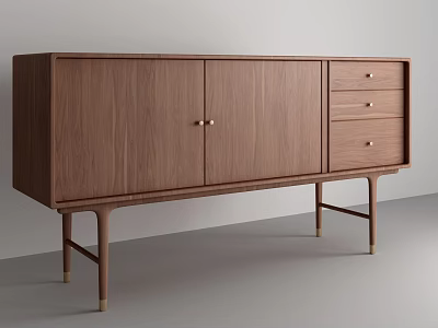 Modern Walnut TV Stand With Double Doors Drawers And Tapered Legs 3d model