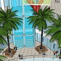 Bustling Shopping Mall Lobby With Central Fountain Escalators Glass Walls And Visitors